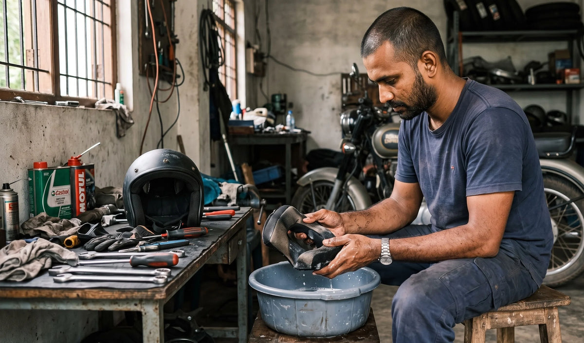 A rider hand-washing removable helmet cheek pads beside a motorcycle helmet.