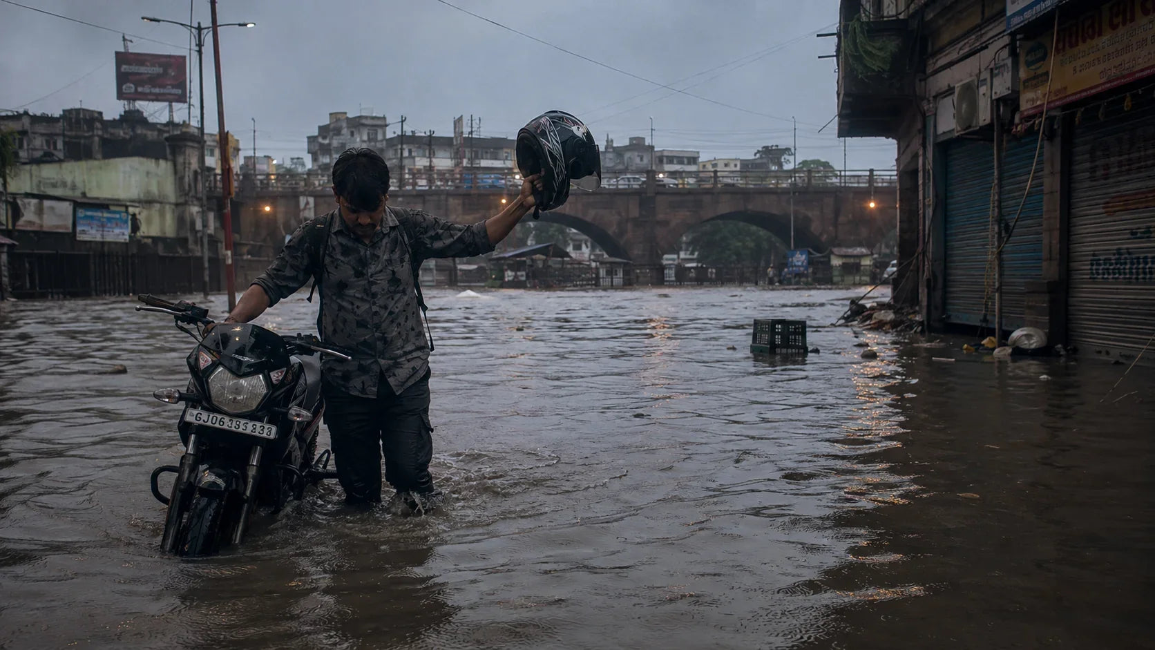 A rider's gloved hand lifts a helmet off a parked motorcycle on a flood-marked Vadodara street at dusk, monsoon clouds gathering overhead.
