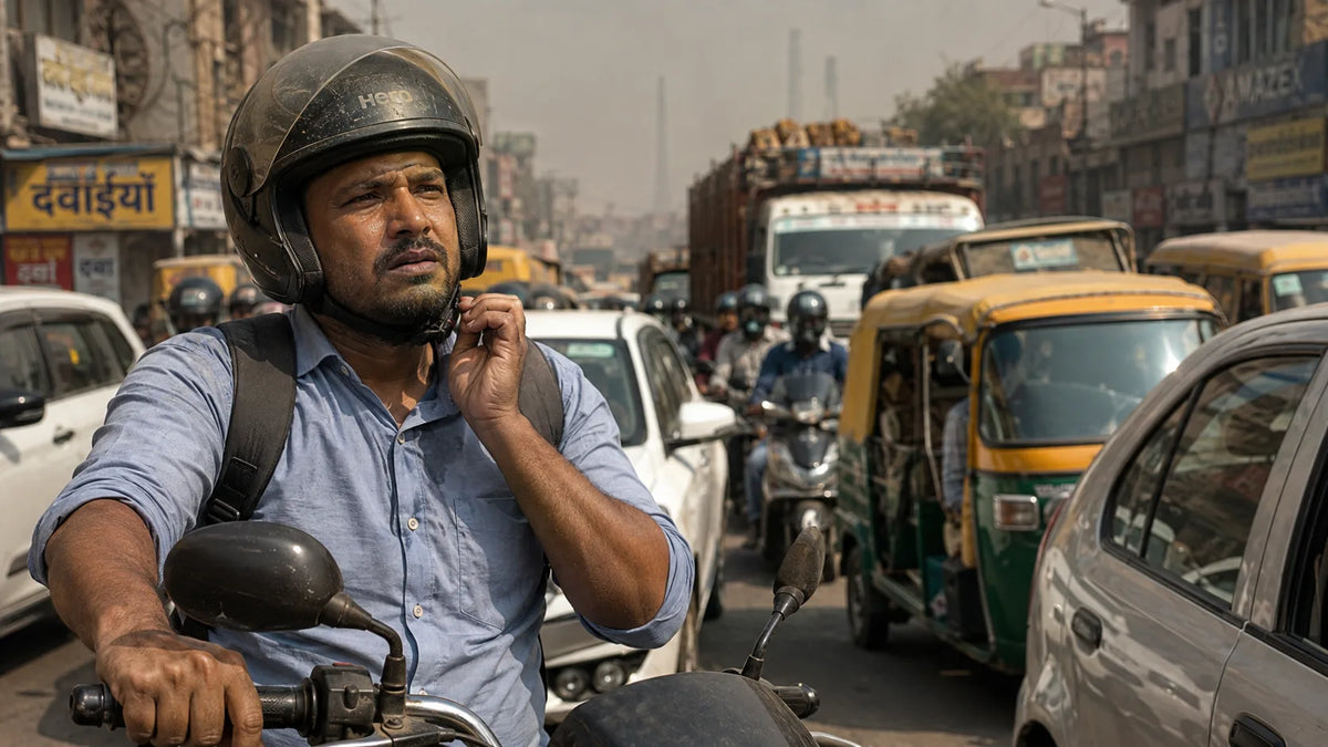 A commuter stalled in dense Kanpur traffic, dust haze filtering the midday light, one hand adjusting a helmet strap.