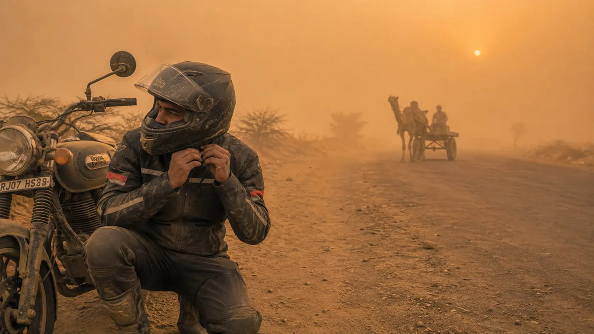 A rider crouches beside a parked motorcycle on a dusty desert-edge road outside Bikaner as a camel cart passes in the hazy background.