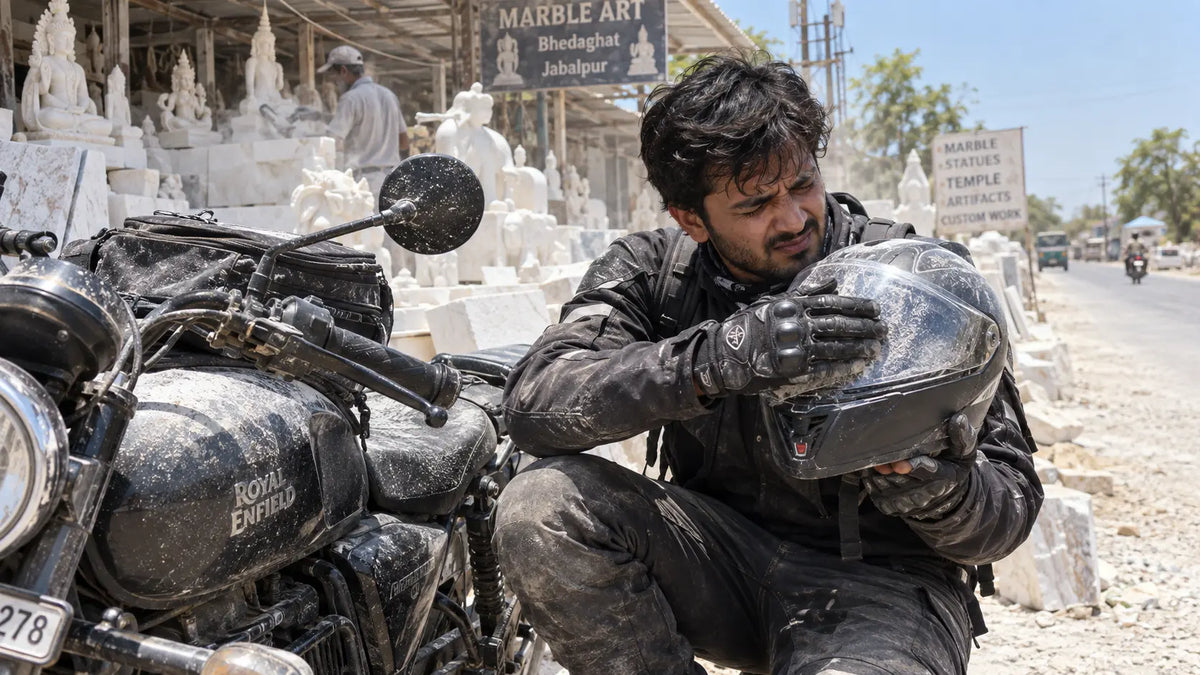 A rider crouches beside his motorcycle at a marble-dusted roadside stall in Bhedaghat, wiping pale dust off his visor in harsh midday sun.