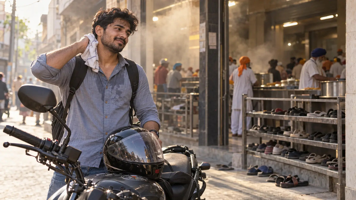 A rider wiping his neck with a cloth beside his parked motorcycle outside a crowded community kitchen hall in Amritsar, steam drifting out through the doorway behind him.