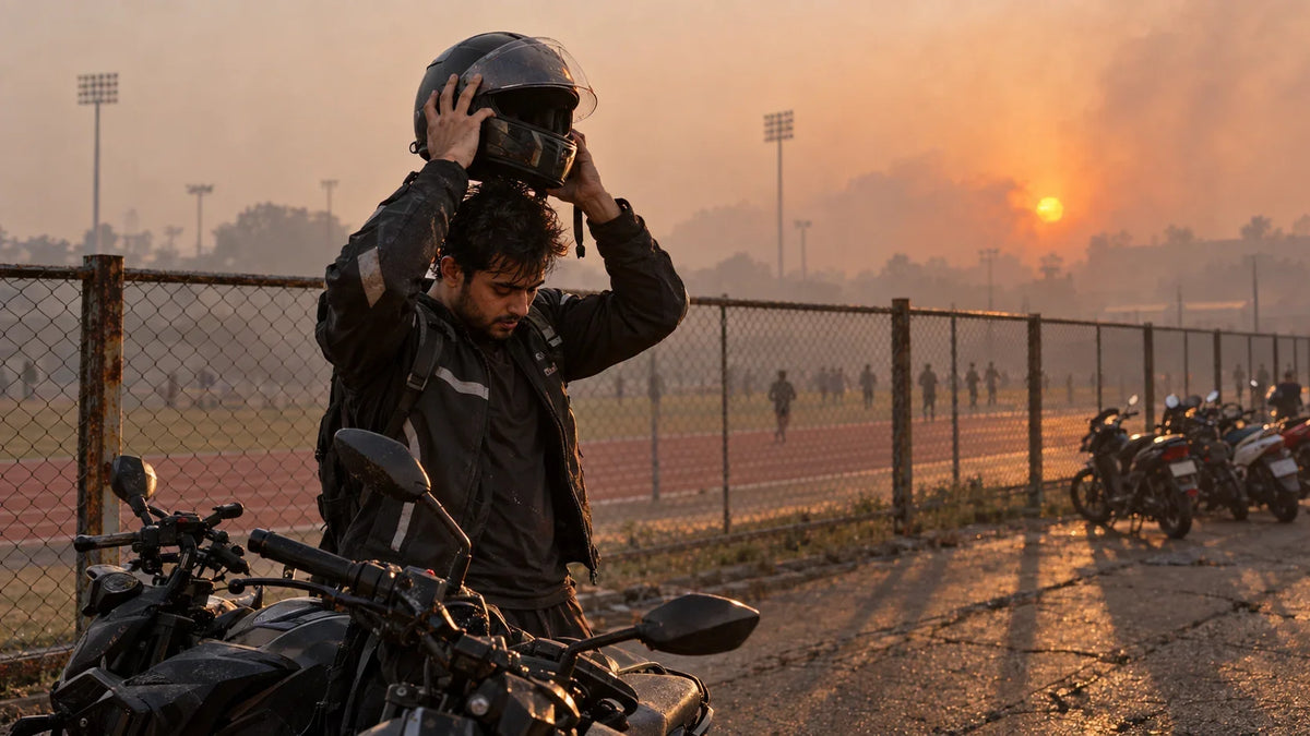 A rider pulls his helmet off with both hands at dusk beside a sports campus running track, warm backlit haze from stubble-season smog stretching long shadows across the perimeter fence.
