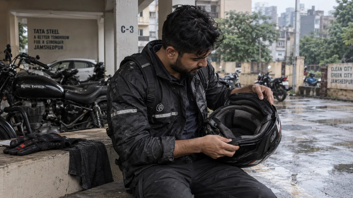 Jamshedpur rider opening a sweat-marked helmet after a humid commute.