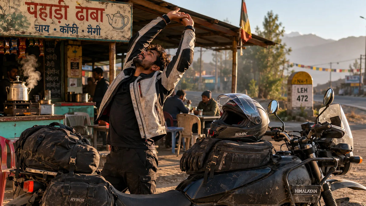 A motorcyclist stretches beside a parked bike at a highway dhaba during golden hour, helmet resting on the seat during a mid-tour rest stop.