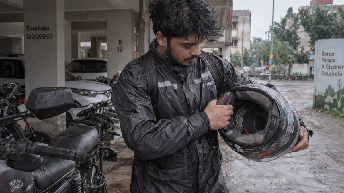 Rourkela rider checking a sweaty motorcycle helmet liner after commuting.