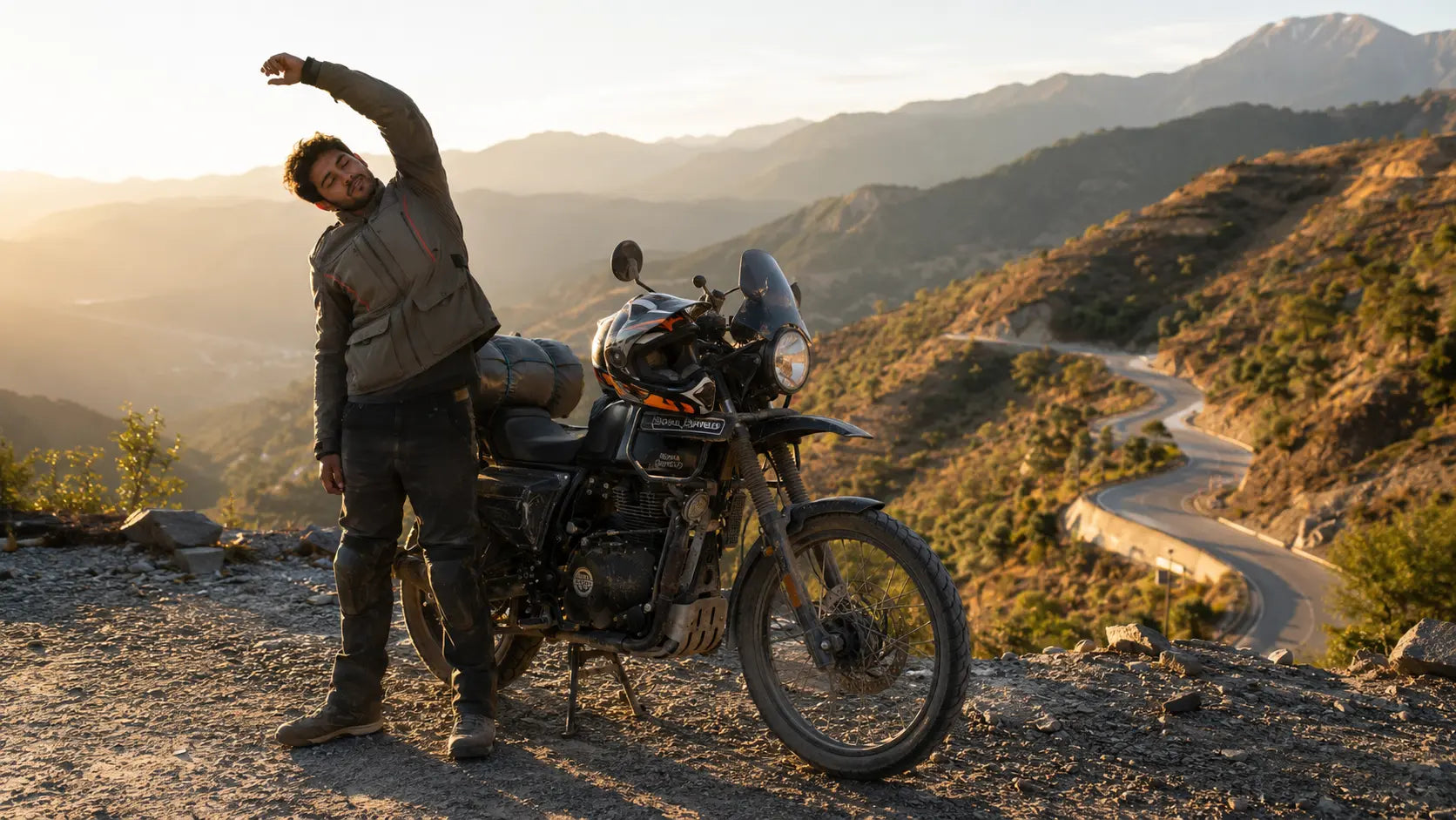 A motorcycle tourer stretching beside a loaded bike on a highway shoulder at golden hour, helmet resting on the tank.