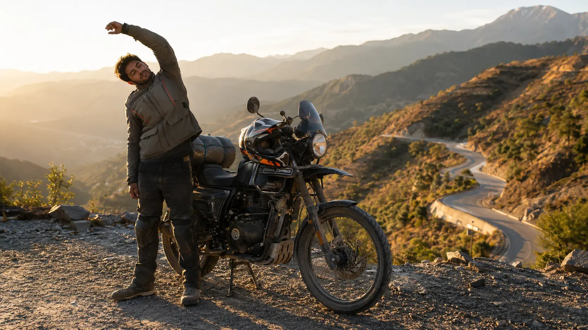 A motorcycle tourer stretching beside a loaded bike on a highway shoulder at golden hour, helmet resting on the tank.