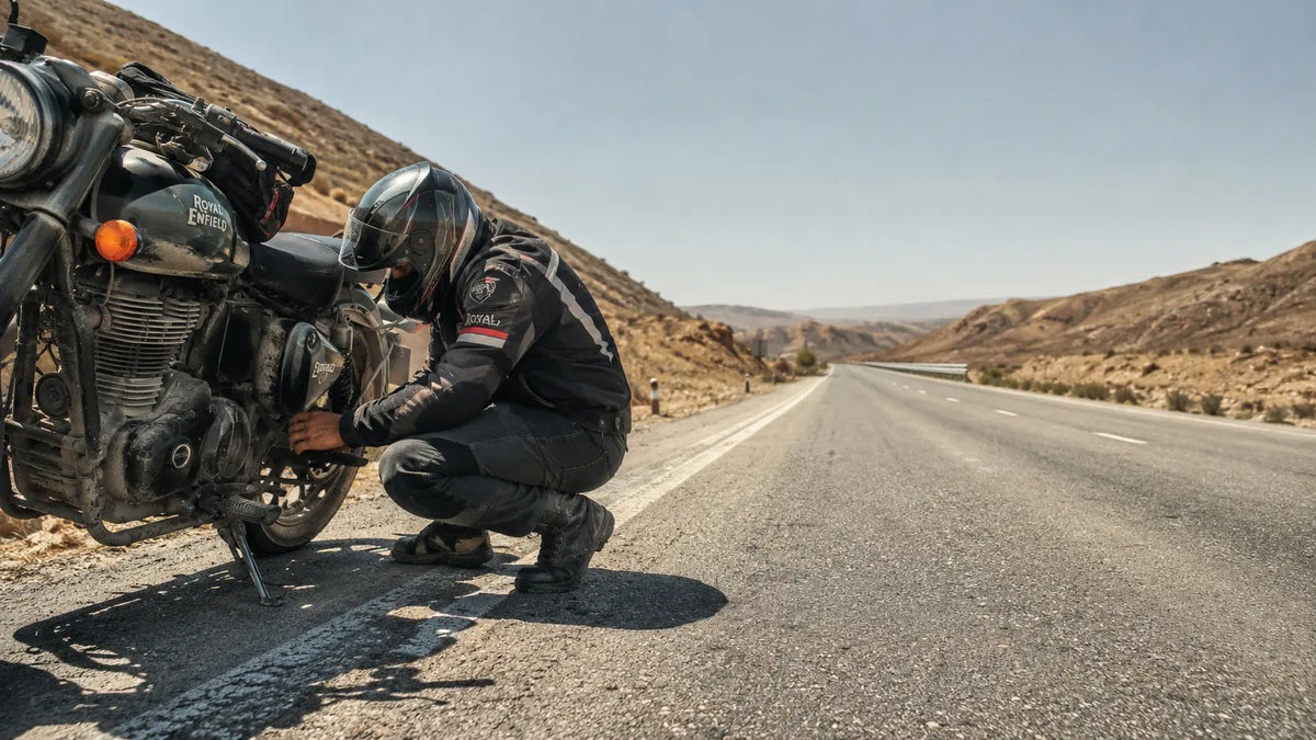 A rider crouches beside a stalled motorcycle on an empty highway shoulder in harsh midday sun, checking the engine while the road stretches empty in both directions.