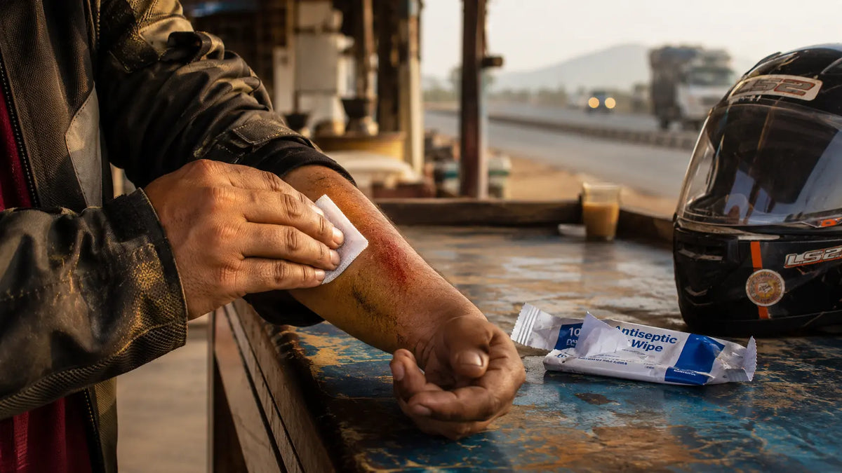 A rider's hands applying a gauze dressing to a grazed forearm at a roadside dhaba stop in early morning light.