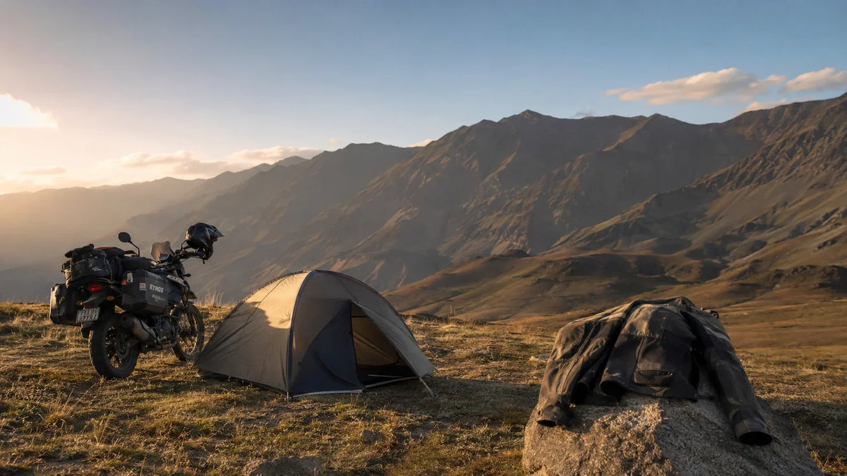 A lone motorcycle and small tent pitched on open ground at dusk in the Indian Himalayas, riding gear drying on a rock nearby.