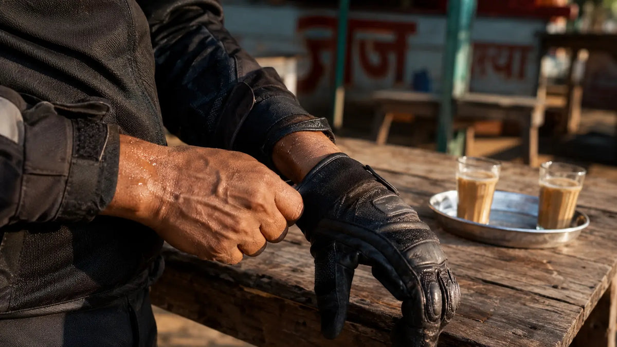 A rider peels off sweat-soaked riding gloves at a roadside dhaba in the late afternoon light, jacket cuff visibly damp.