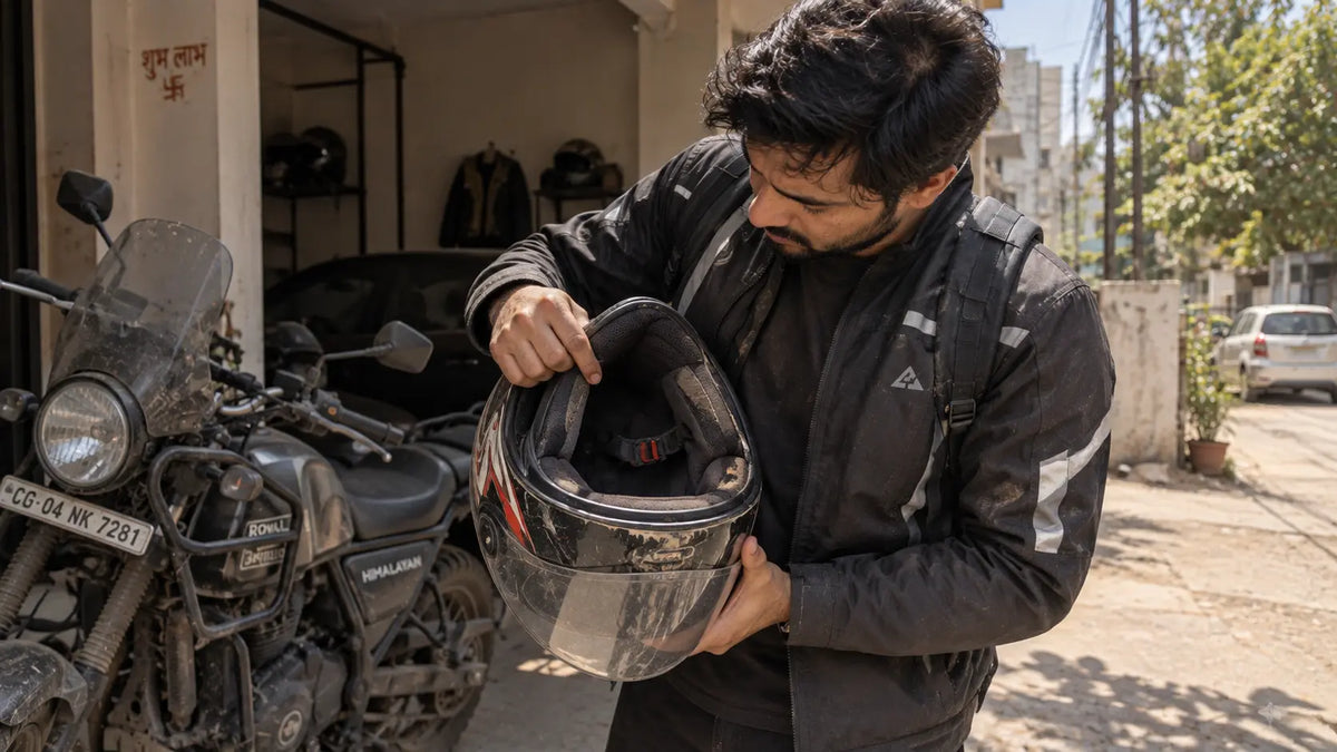 Rider checks a used helmet liner after a hot Raipur commute.