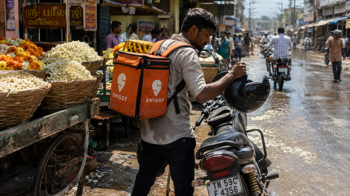 A delivery rider lifting his helmet off the handlebar at the edge of Madurai's Mattuthavani flower market at blazing midday, heat shimmer visible over stacked jasmine baskets behind him.
