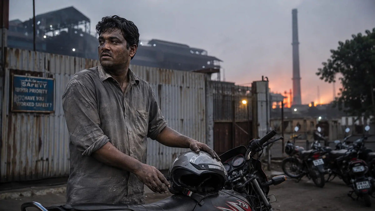 A steel-plant shift worker, dust visible on his shoulders, setting his helmet down on a parked bike near the factory gate at Salem, chimney stacks and rolling-mill sheds hazy in the grey morning light behind him.