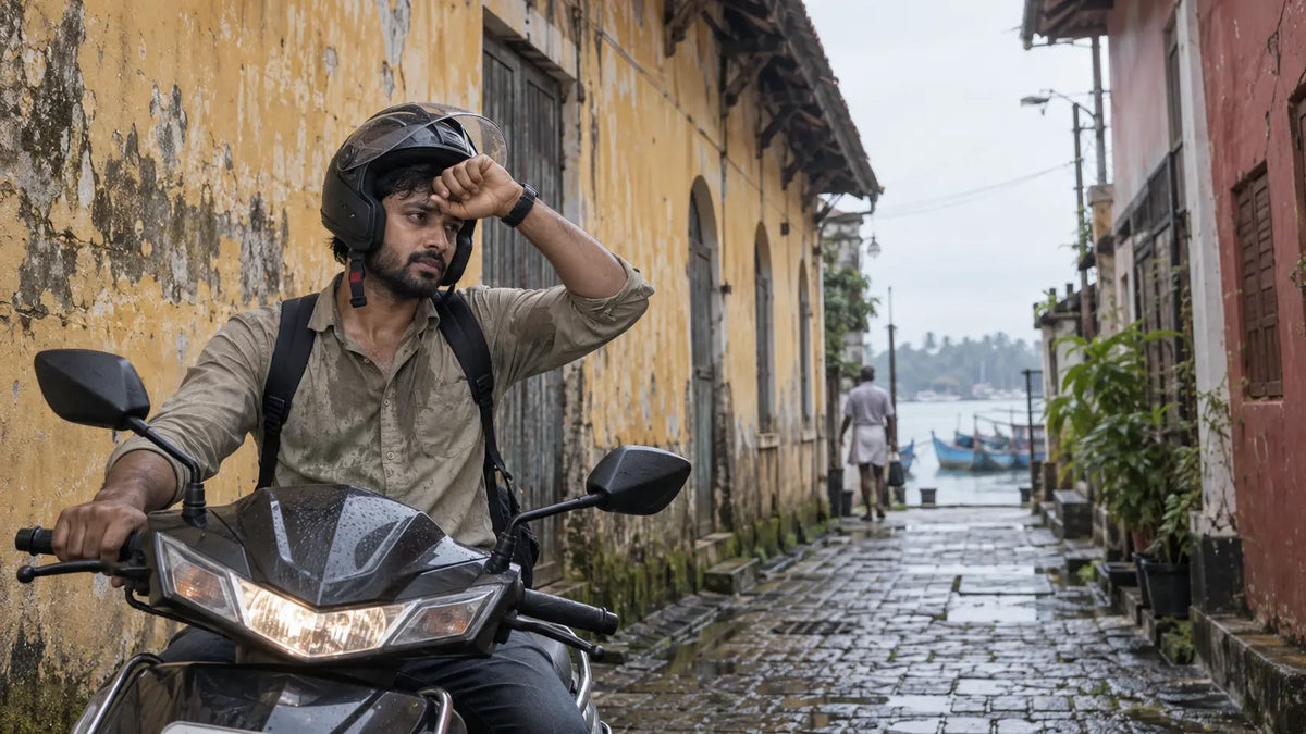 A rider seated on an idling scooter in a narrow Mattancherry lane in Kochi, helmet visor lifted, hazy humid overcast light on old warehouse walls.