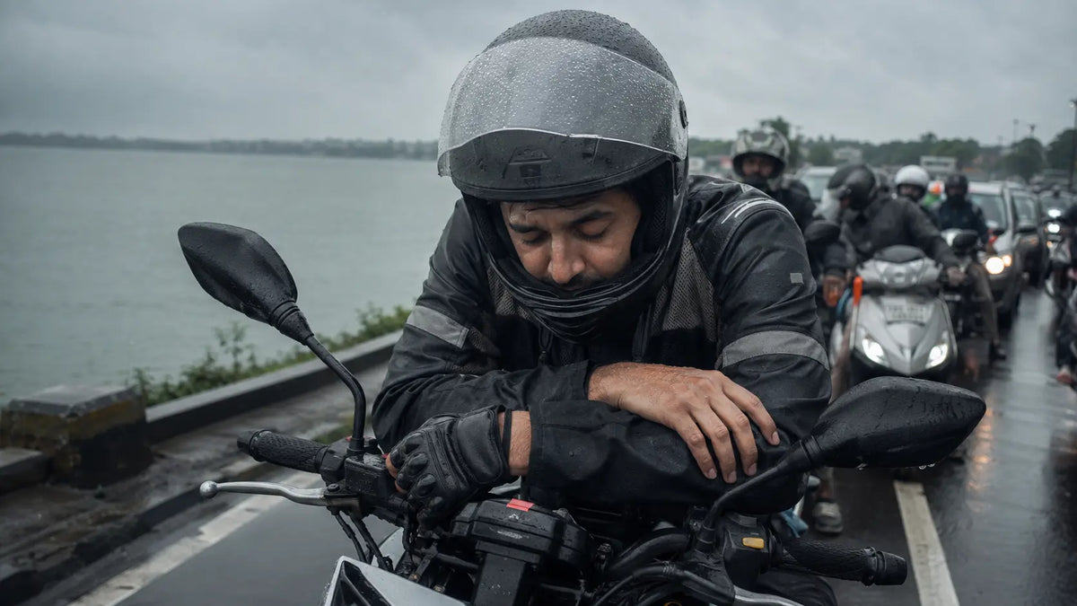 A motorcycle rider astride his idling bike in traffic on a lakefront road in Bhopal, leaning forward on the handlebars with his eyes closed under flat grey monsoon light.