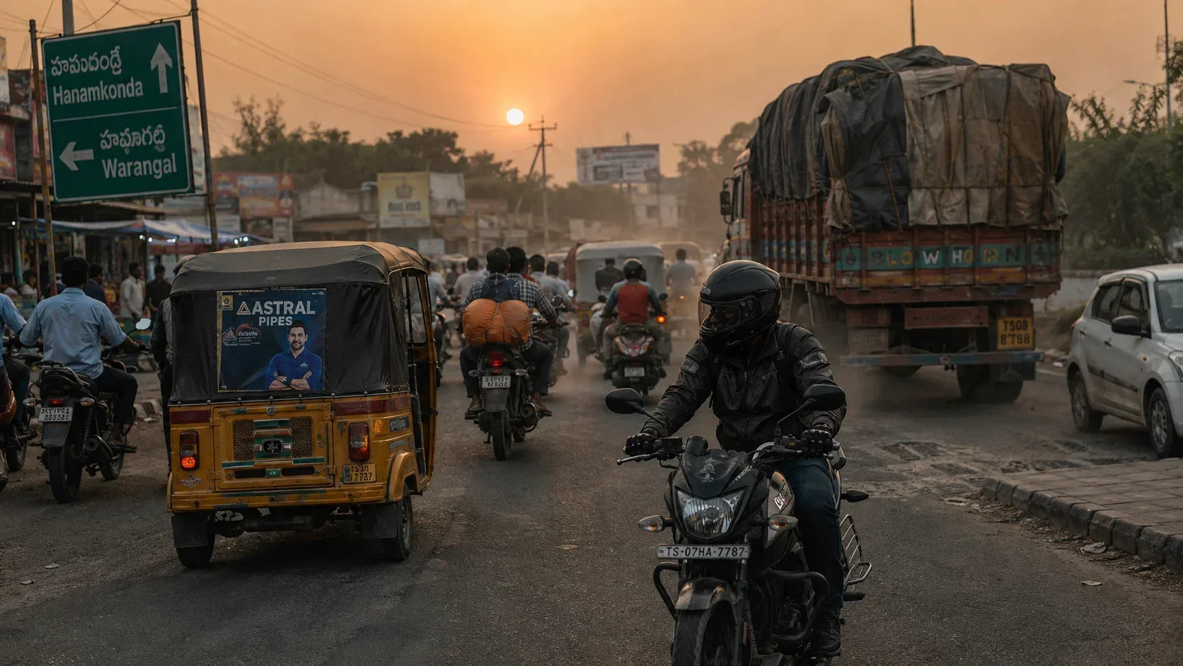 A rider navigating dense mixed traffic at a highway junction outside Warangal in dusty late-afternoon haze, the sun a diffused orange disc behind the road dust.