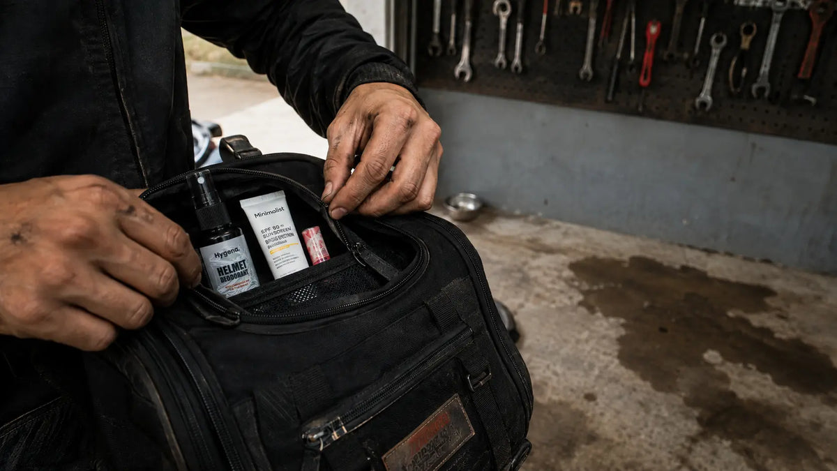 A rider's hands packing a small hygiene kit, including a Hygena helmet deodorant spray, into a motorcycle tank bag inside a garage.