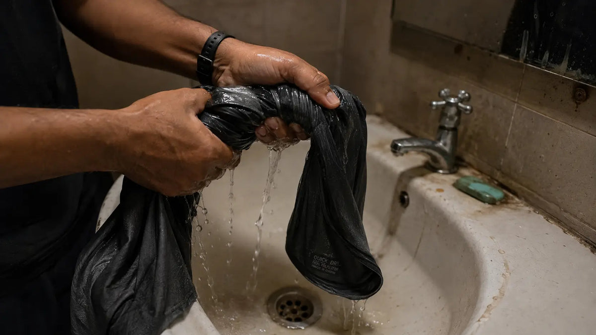 A rider's hand wringing out a wet riding t-shirt over a guesthouse sink at night, road dust still visible on the cuff.