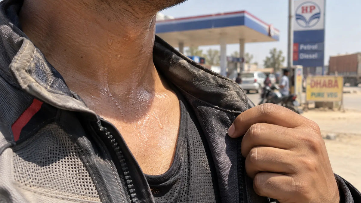Extreme close-up of a rider's collar and neck, sweat visible against the fabric, at a highway petrol stop in harsh midday sun.