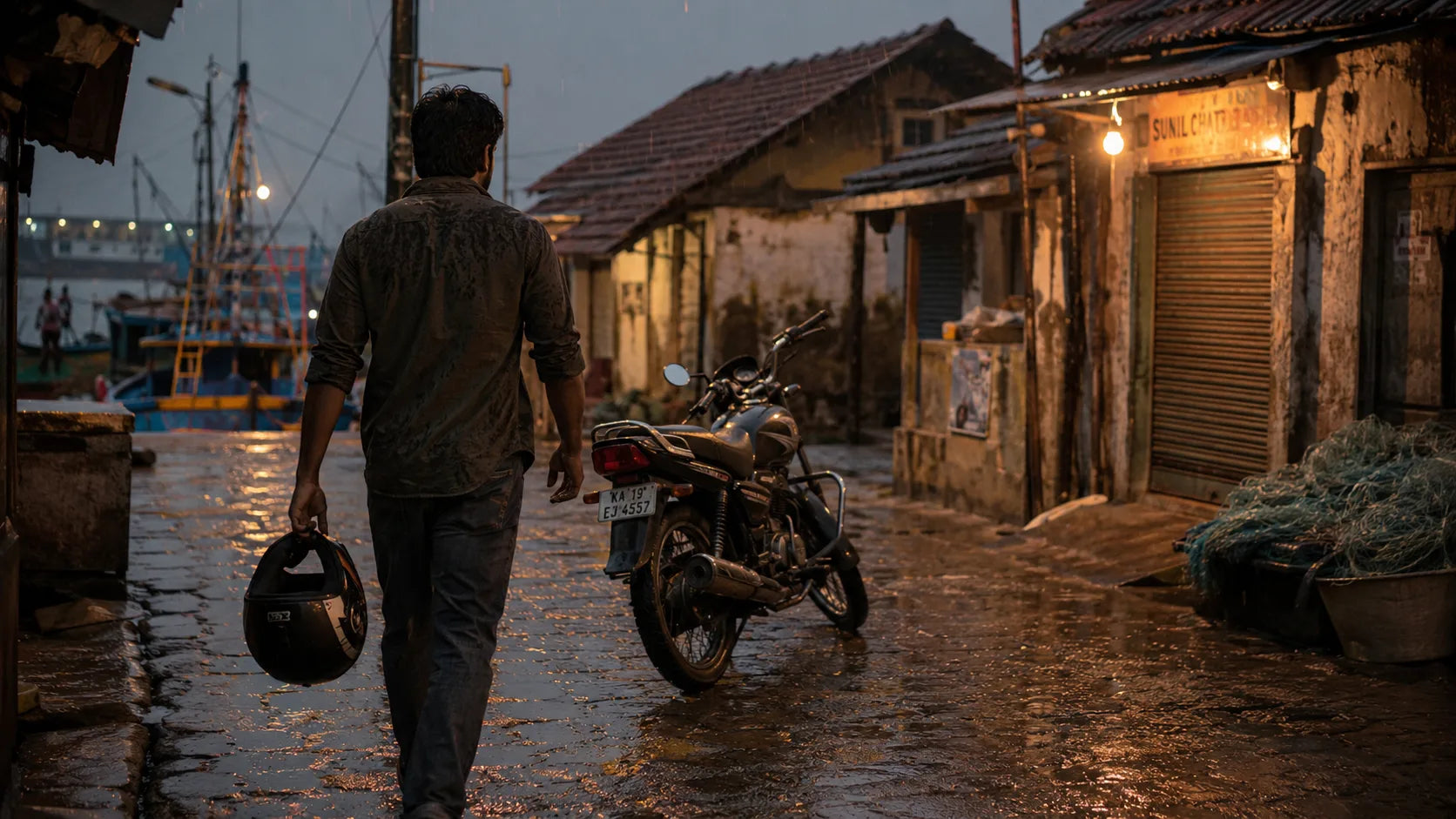 Rider seen from behind walking toward a parked motorcycle along a rain-soaked Mangalore harbor lane at dusk, streetlights glowing against a fading grey-blue sky, helmet held at their side.