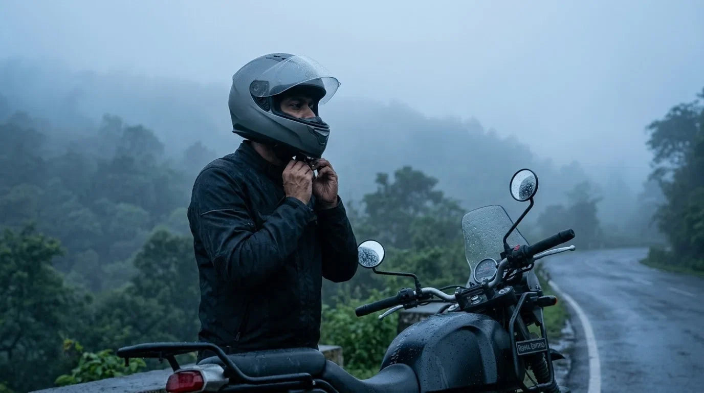 A rider adjusting a helmet strap at dawn on a misty Kasara ghat road outside Nashik, hills fading into fog behind them.