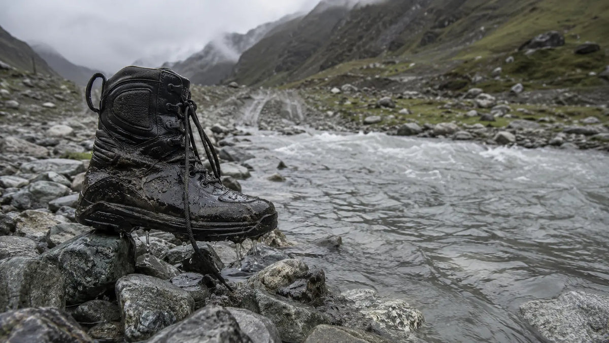 A soaked motorcycle boot resting on wet rocks beside a shallow Himalayan river crossing, water still dripping from the sole.