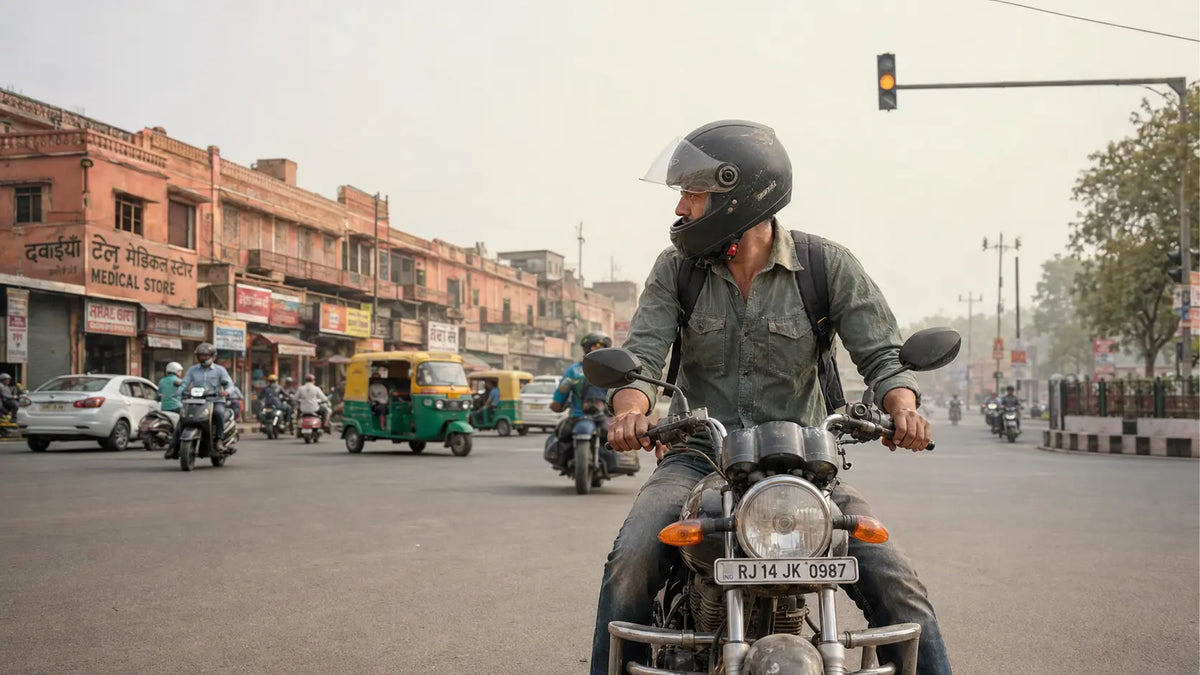 A rider astride his idling motorcycle at a Jaipur chaupar junction, helmet on, visor up, checking the crossing traffic under hazy, dust-bleached daylight.