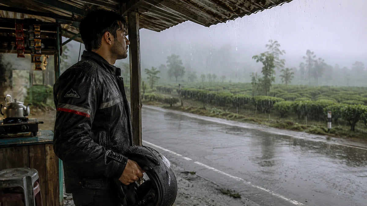 A rider shelters a wet helmet under a tin-roofed roadside tea stall on Sevoke Road during a Siliguri monsoon downpour, tea garden rows fading into rain-mist behind him.