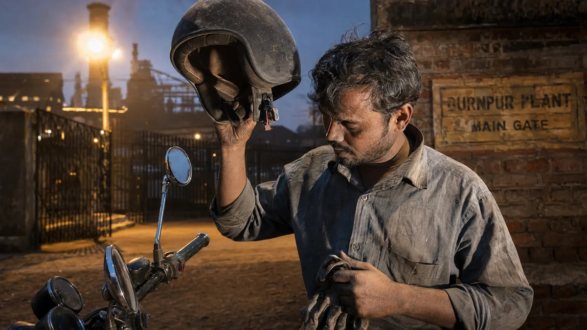 A steel-plant worker lifts his helmet off a parked motorcycle at dusk near Burnpur, coal dust visible on the padding under sodium floodlights.