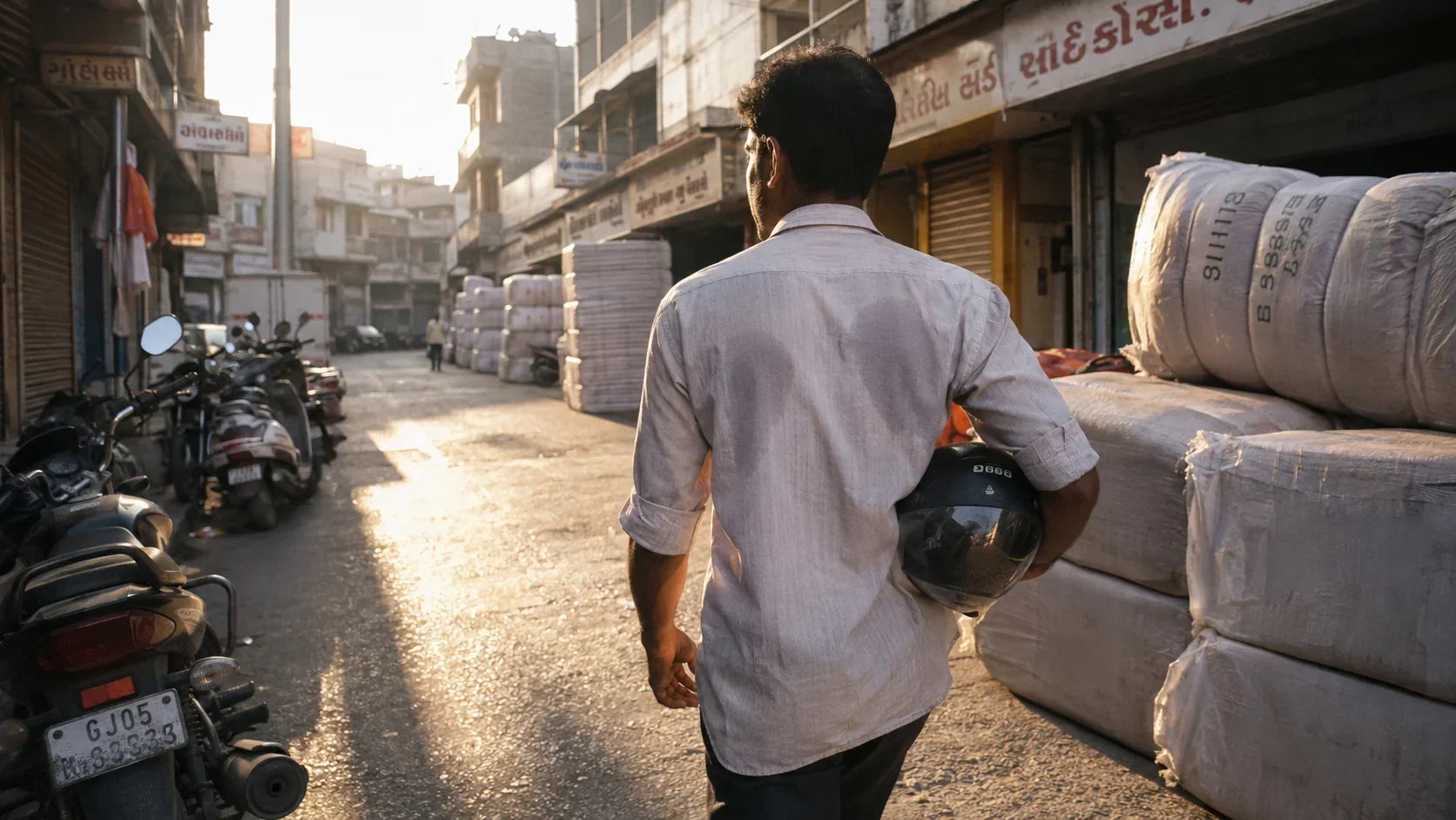A textile market worker in Surat walks through a quiet early-morning lane, long shadow stretching behind him, helmet tucked under one arm, powerloom bales stacked against the shopfronts.