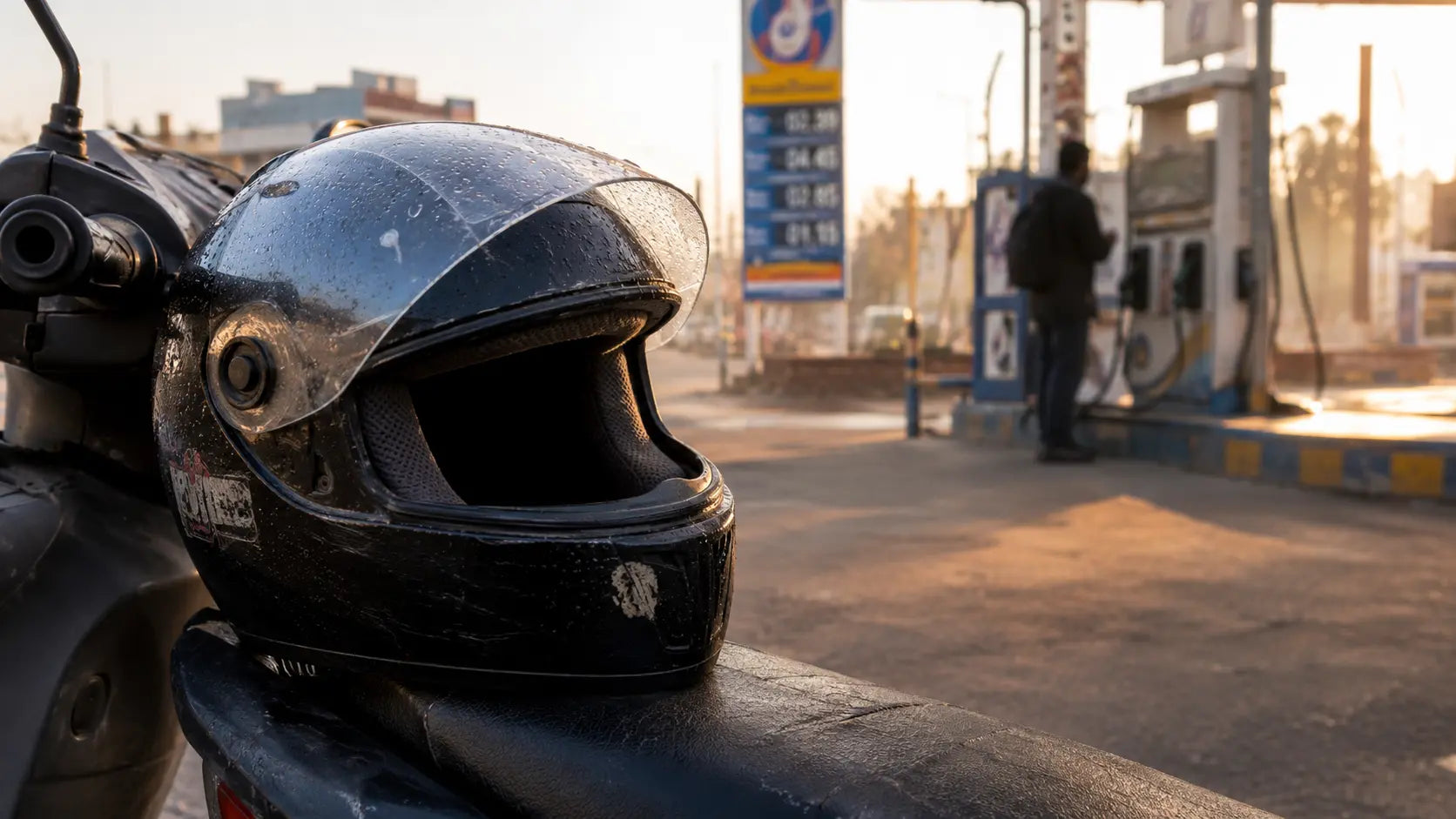 A motorcycle helmet resting on a scooter seat at an Indian petrol station at dawn, dew visible on the shell, a rider's silhouette blurred in the background.