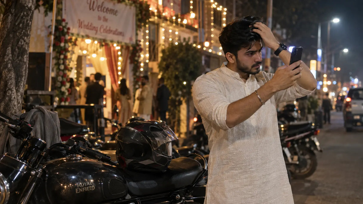 A rider checks his hair using his phone camera as a mirror on a city street lit by wedding venue string lights at night, helmet resting on the bike seat beside him.