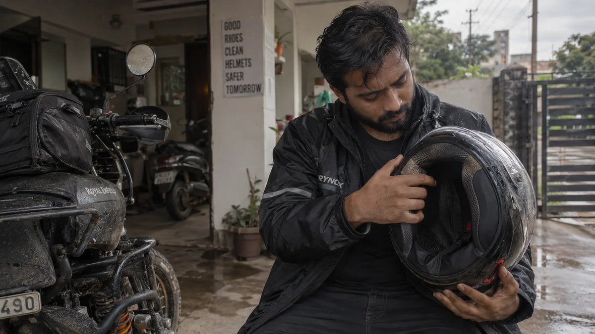 Bhilai rider checks a damp helmet liner after a humid motorcycle commute.