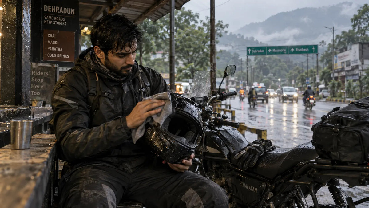 Dehradun rider spraying a helmet liner beside a parked motorcycle after a humid ride.
