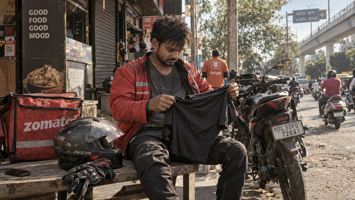 Delivery rider managing sweat and gear hygiene during a long shift.