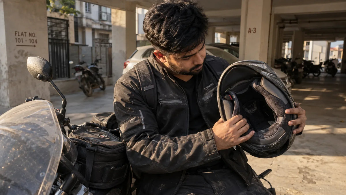 Jammu rider inspecting a sweat-marked helmet liner after a hot commute