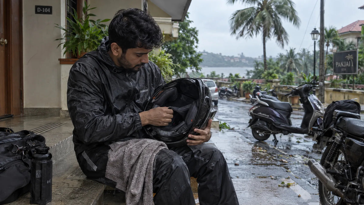 Panaji rider drying a rain-damp helmet after a wet city ride.