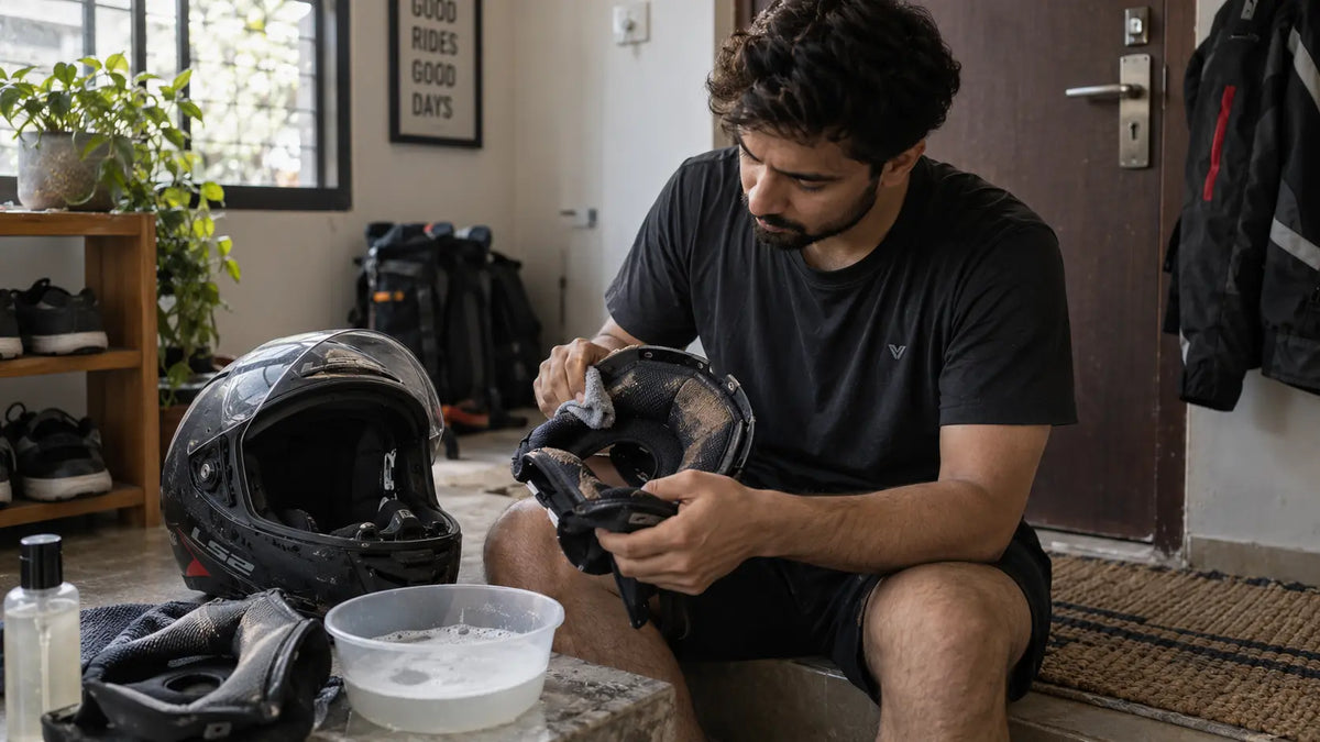 Rider cleaning the sweaty interior of a motorcycle helmet at home.