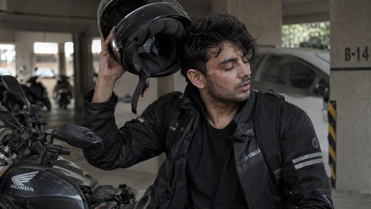 Motorcycle rider removing a helmet with small acne bumps along the forehead and jawline