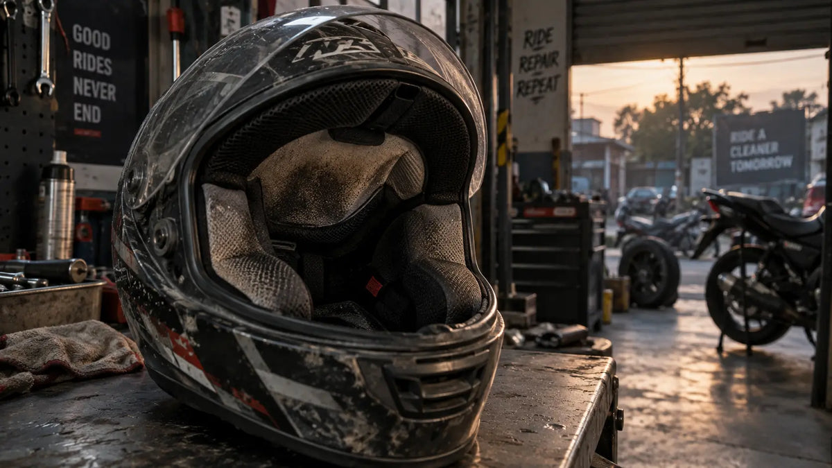Used motorcycle helmet with visibly worn, sweat-marked interior padding in a garage.