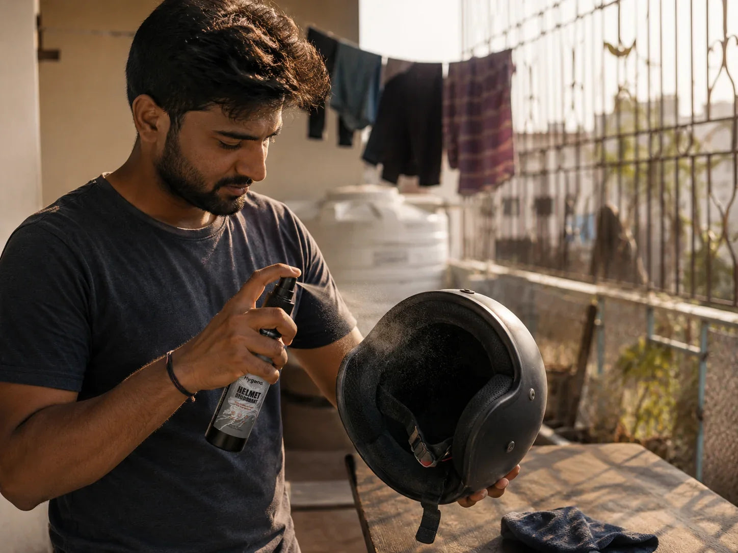 A brass workshop rider in Jamnagar's GIDC industrial estate lifting his dust-coated helmet off the bike under harsh midday sun, metal dust hazing the air behind him.