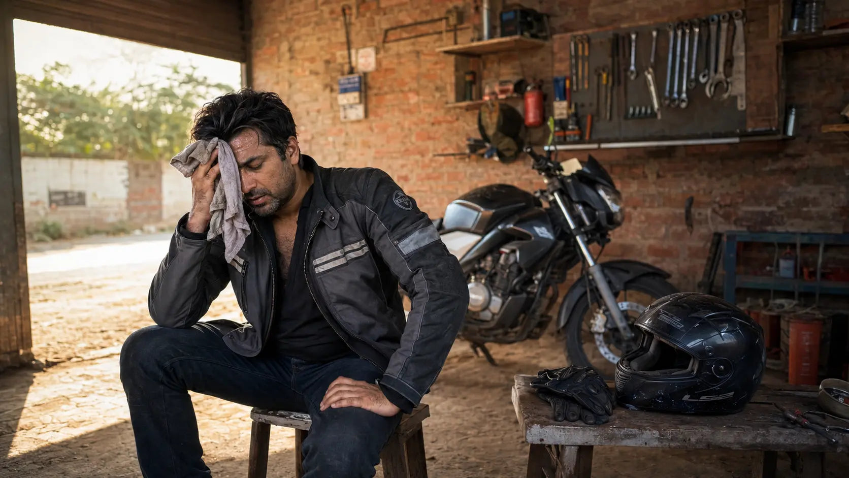 Motorcycle rider grooming at home in a garage after a long summer ride, helmet and gear beside him.
