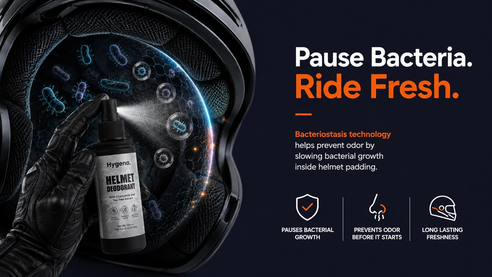 Helmet with a bottle of Hygiene Helmet Product and text about bacteriostasis technology on a dark background