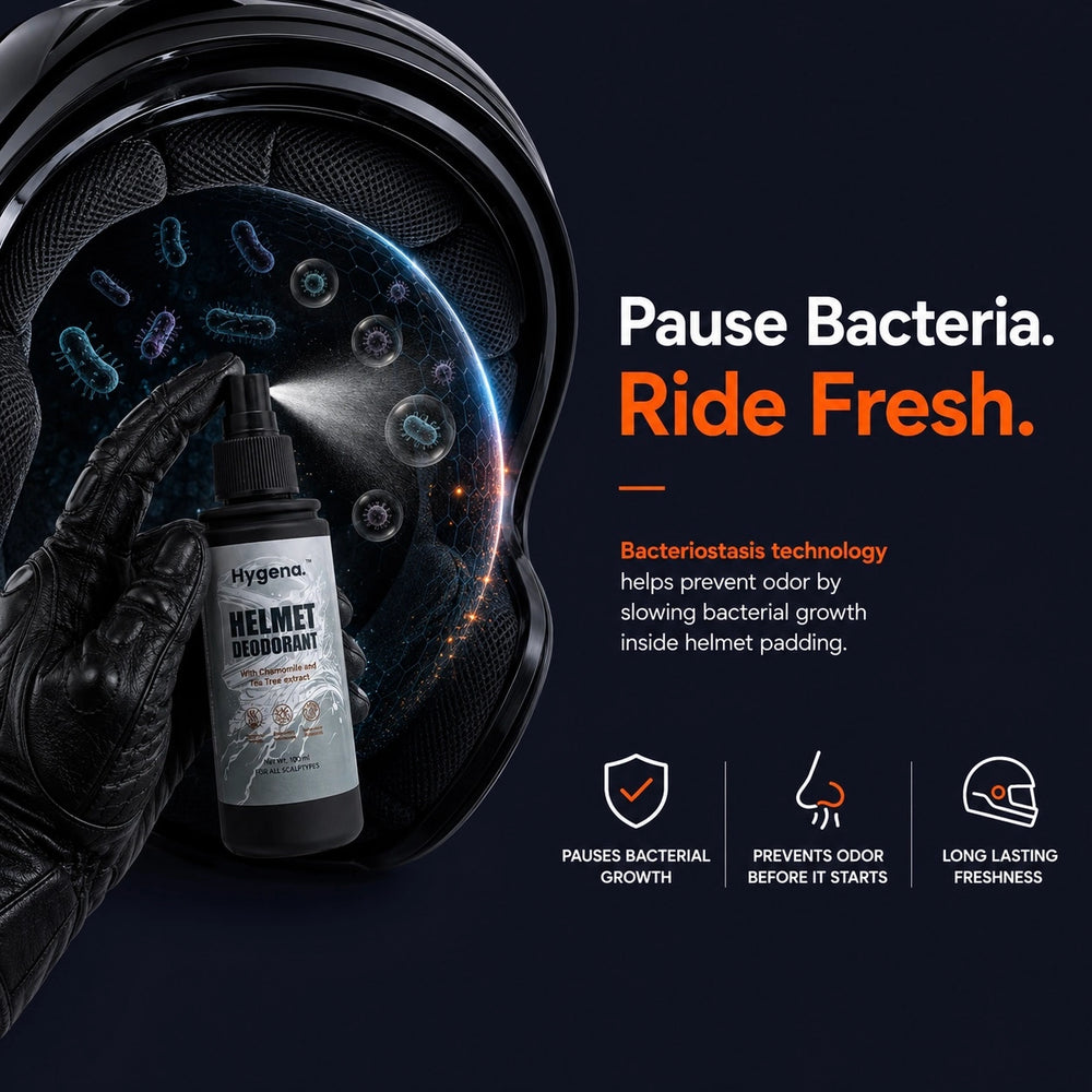 Helmet deodorant bottle with text 'Pause Bacteria. Ride Fresh.' on a dark background