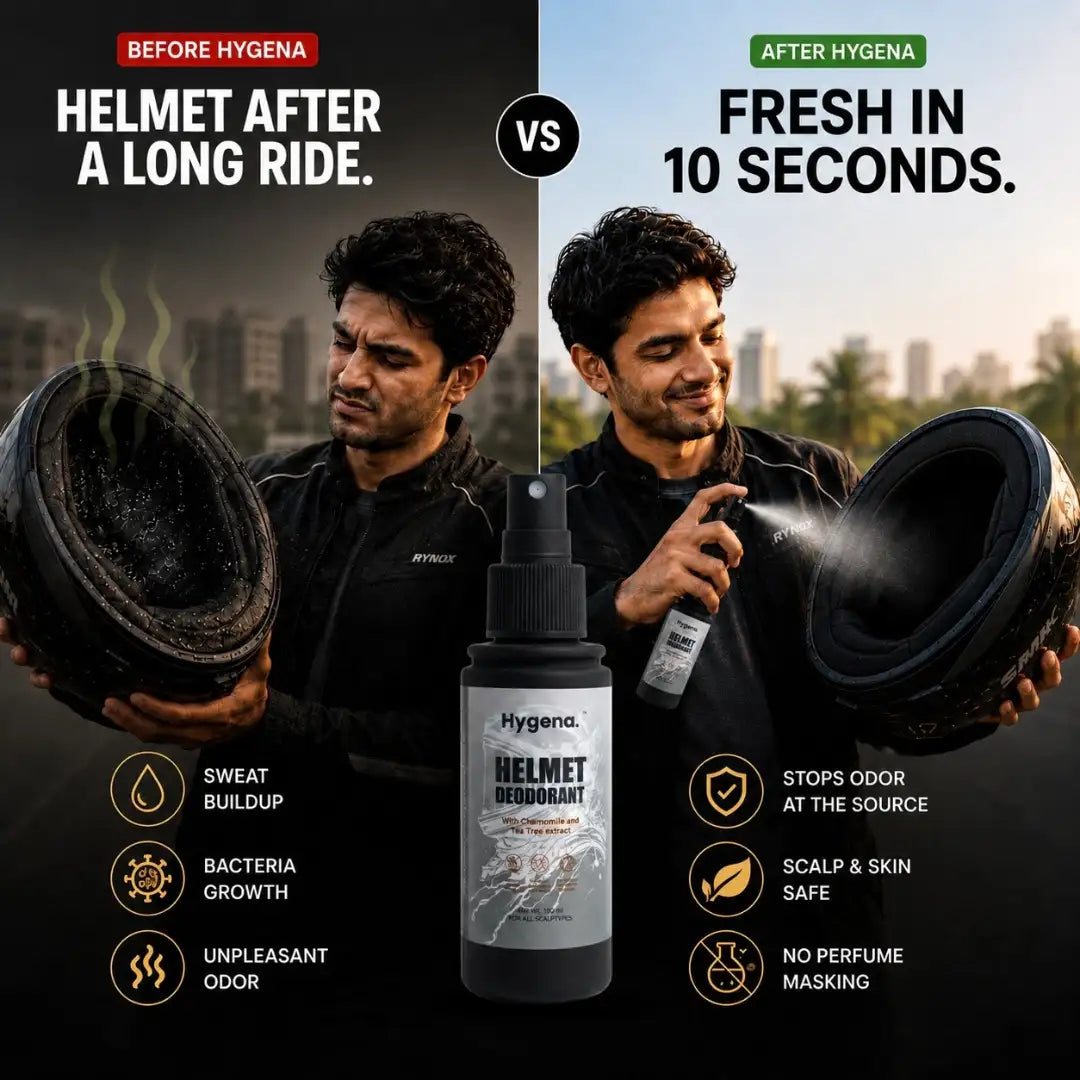 Before and after comparison of a helmet with Hygena helmet deodorant, showing a clean helmet and the product bottle.