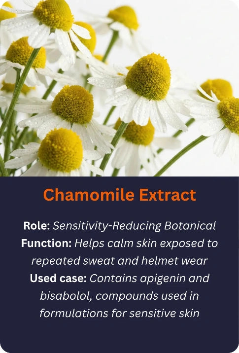 Chamomile flowers with text about chamomile extract's benefits