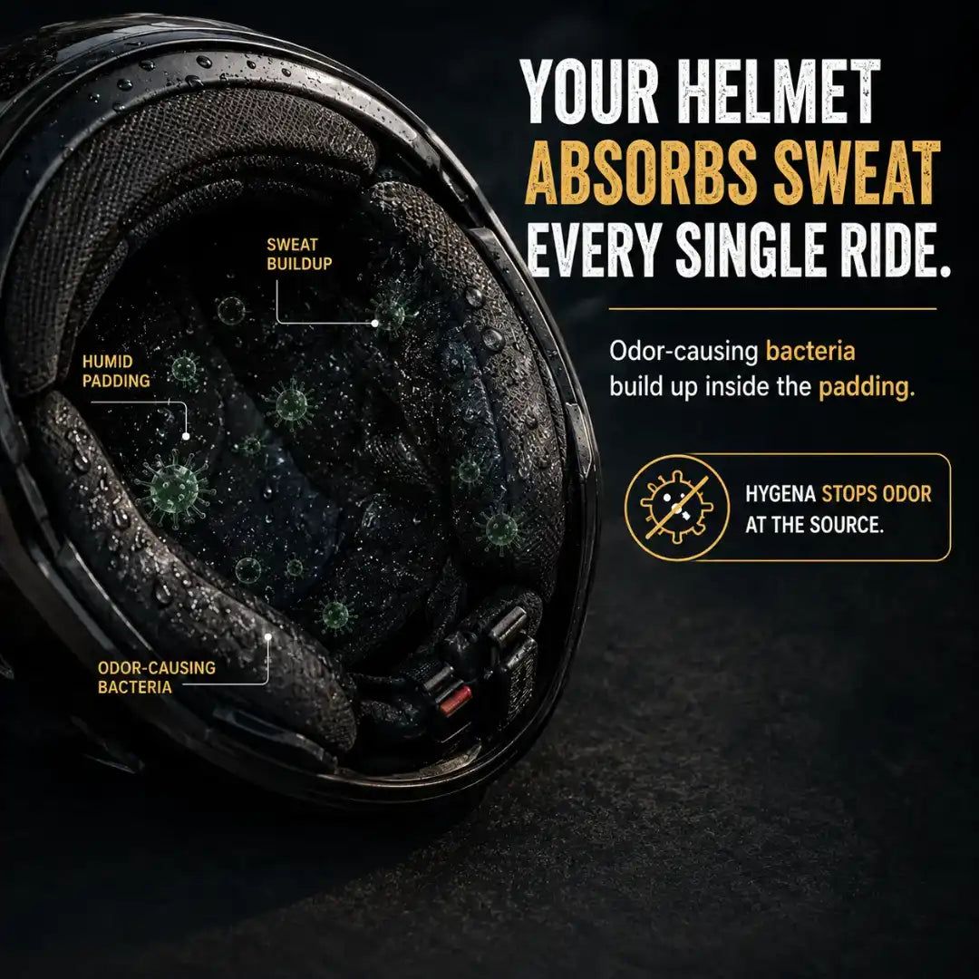 Close-up of a helmet interior with sweat buildup and bacteria, labeled 'Your Helmet Absorbs Sweat Every Single Ride'.