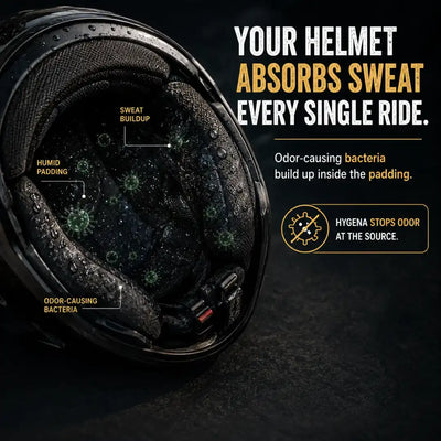 Close-up of a helmet interior with sweat buildup and bacteria, labeled 'Your Helmet Absorbs Sweat Every Single Ride'.
